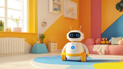 The room is bright and cheerful with friendly robots interacting playfully amidst colorful decorations and comfortable furniture. Generative AI