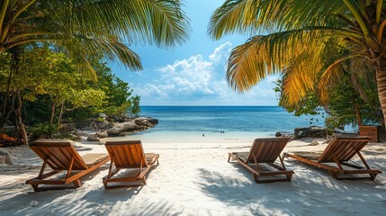Four empty lounge chairs on a white sand beach with palm trees framing a turquoise ocean view.