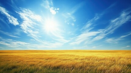 Fototapeta premium Breathtaking golden landscape under a bright blue sky with wispy clouds, radiating a serene and peaceful atmosphere.