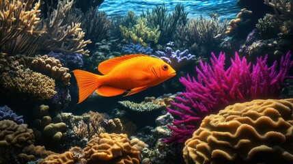 Obraz premium A vibrant orange fish swims gracefully among colorful corals in a stunning underwater scene.