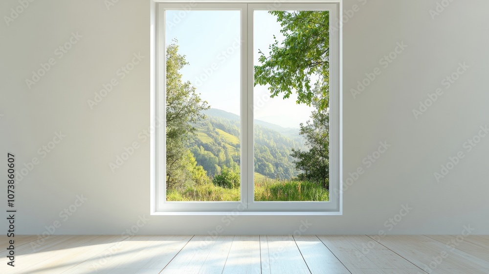Aufkleber sunlight streams through a window, showcasing vibrant hills and trees outside, creating a peaceful a