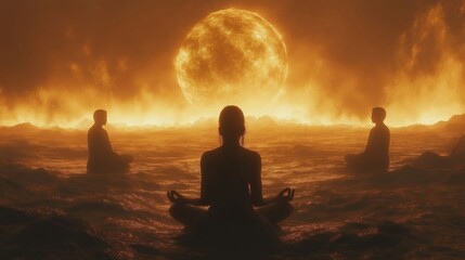 Three individuals meditate in silhouette on a glowing landscape, with a massive fiery sphere in the background, creating a serene and mystical atmosphere.