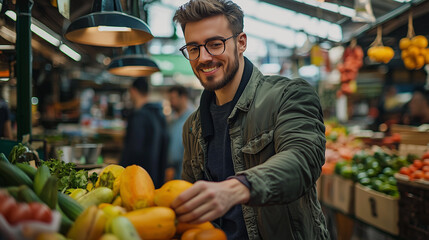 Fototapeta premium A person shopping for fruits and vegetables at a market.
