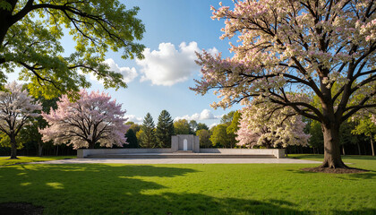 Fototapeta premium Serene park landscape with blooming trees and a monument under a clear blue sky