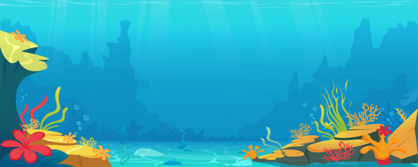 This image features an underwater scene with vibrant coral and sea plants. Background is a blue ocean. Vector illustration