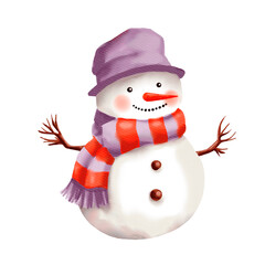 Cute and charming smiling snowman in hat and scarf. Digital watercolor isolated illustration on white background