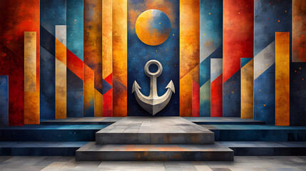 A Detailed Illustration of Arrows Leading to a Stone Anchor Below a Billboard, Symbolizing the Anchoring Effect in Advertising and Consumer Perception