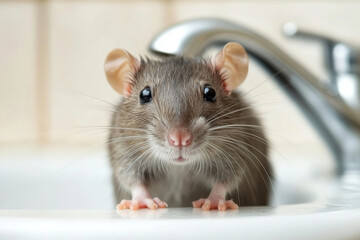 A curious rat perched on a sink's edge, exploring its surroundings in a clean kitchen with natural light during the day. Generative AI