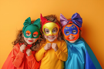 Three cheerful children dressed in colorful costumes with masks and capes, posing together against a bright orange background. Generative AI