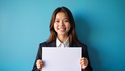 Naklejka premium Smiling young woman holding a blank white sheet of paper against a bright blue background