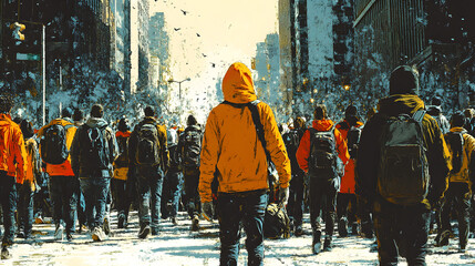 A Depiction of Bystander Effect Through a Crowded Street Scene Illustrating Indifference Towards Distress