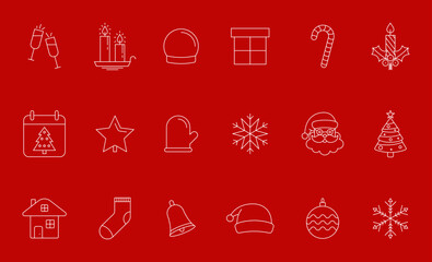 Xmas and New Year outline Holiday icons set. New year and Christmas stroke thin line vector symbols and sign.