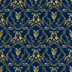 Seamless color pattern with pitcher, jug, amphora, floral motifs. Elegant seamless pattern background for fabrics, wallpaper, interior, wall-coverings. Greek vase on dark blue and brown background.