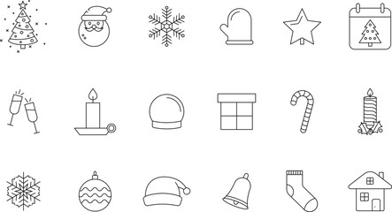 Xmas and New Year outline Holiday icons set. New year and Christmas stroke thin line vector symbols and sign.