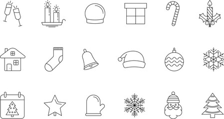 Xmas and New Year outline Holiday icons set. New year and Christmas stroke thin line vector symbols and sign.
