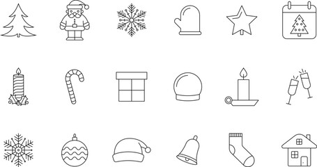 Xmas and New Year outline Holiday icons set. New year and Christmas stroke thin line vector symbols and sign.