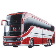 Sleek red and white tour bus in profile on white background. PNG transparent.