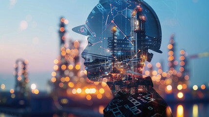 A Construction Worker Wears a Helmet While Standing in Front of an Industrial Site at Sunset, Showcasing Advanced Technology and Innovation in the Energy Sector