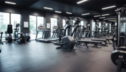 Fototapeta premium blurred gym background, sports fitness room with treadmills and exercise equipment in defocus, and text copy space