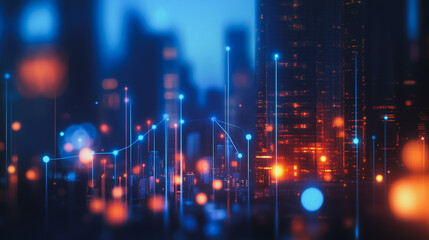 Fototapeta premium Smart digital Innovation city Business skyscrapers in the Financial District with connection network reciprocity over the cityscape at night time of future smart wireless social media networking 