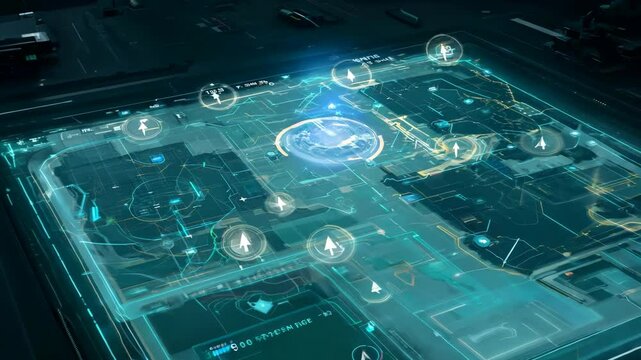 Zoom-in video on a holographic map in the center of a futuristic war room, illuminated by practical lighting, creating a high-tech and strategic atmosphere.