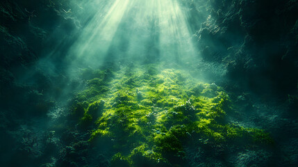 Fototapeta premium A Captivating Scene of Nature: A Single Sunbeam Illuminating a Patch of Moss in a Shaded Forest, Reflecting on Projection Bias
