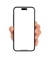 Hand showing smartphone with blank screen isolated on white background.
