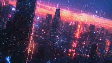 Fototapeta premium Smart digital Innovation city Business skyscrapers in the Financial District with connection network reciprocity over the cityscape at night time of future smart wireless social media networking 