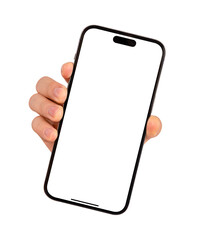 Hand showing smartphone with blank screen isolated on white background.