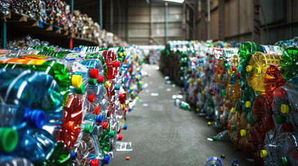 Baled Plastic Bottles Stacked Neatly in a Recycling Facility During the Daytime, Showcasing the Organized Effort to Manage Plastic Waste Efficiently