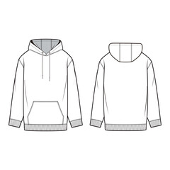 Pullover Hoodie with Kangaroo Pocket Front and Back View Technical Flat

