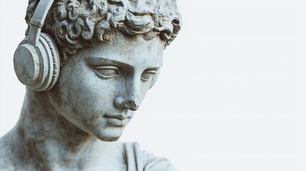 Ancient Greek Sculpture Wearing Headphones and Listening To Isolated White Background

