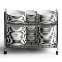 Obraz premium Stack of Plates Neatly Arranged on Rack – Isolated on Clean White Background for Kitchenware and Home Decor