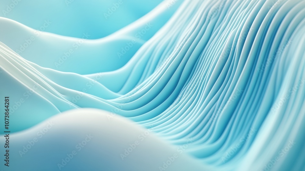 Poster smooth, flowing abstract waves in soft blue tones create a serene and calming visual, ai