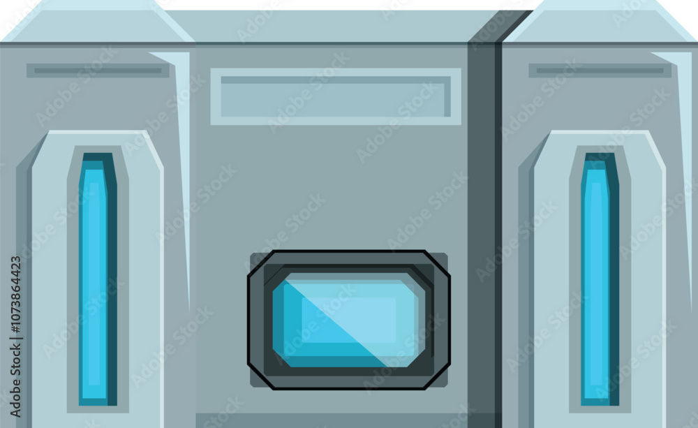 Poster futuristic building showcasing glowing blue windows and a sturdy metallic structure, ideal for archi