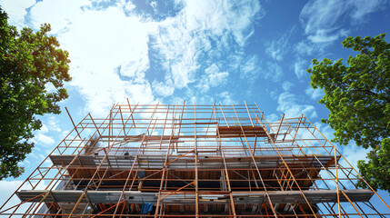 Construction Scaffolding Supporting a Building Project Under a Bright Blue Sky With Fluffy Clouds and Trees in the Foreground During Daylight Hours