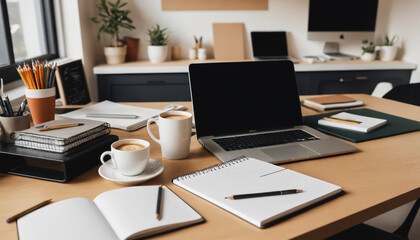 Creative Workspace with Coffee Cup, Notebook, and Inspiring Desk Setup for Productivity