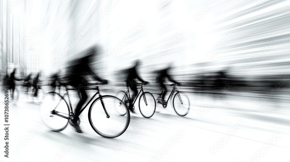 Poster cyclists in motion create a dynamic blur effect in a bustling urban setting, ai