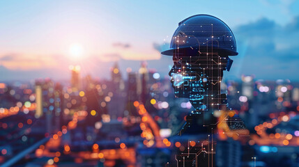 A Futuristic Silhouette of a Construction Worker With a Digital Interface Against a Vibrant City Skyline at Sunset