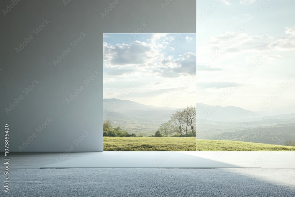 Poster bright sunlight filters through a window, showcasing a tranquil natural landscape filled with rollin