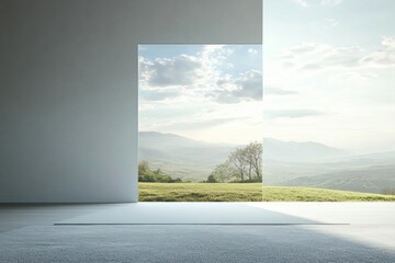 Fototapeta premium Bright sunlight filters through a window, showcasing a tranquil natural landscape filled with rolling hills and delicate trees. Generative AI