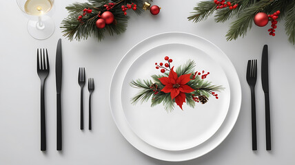 Seasonal holidays festive modern dinning room table Christmas flower plate with ornaments.