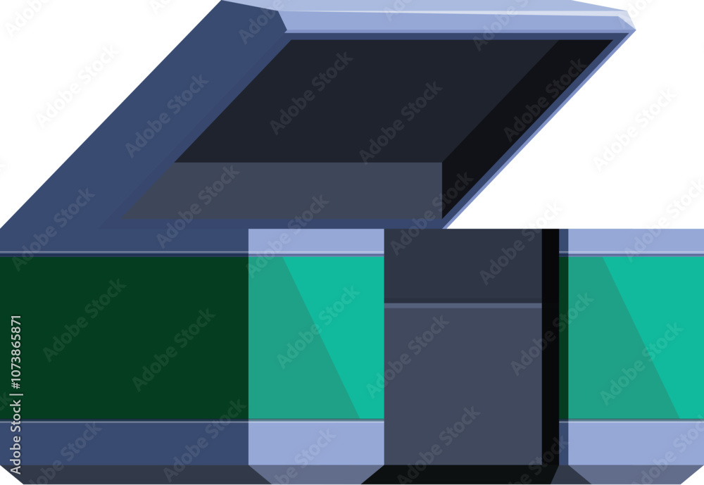 Poster futuristic scanner with its top open, exposing a vibrant green screen inside, ready for advanced ana