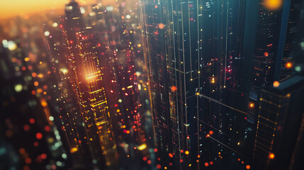 Obraz premium Smart digital Innovation city Business skyscrapers in the Financial District with connection network reciprocity over the cityscape. of future smart wireless digital city and social media networking