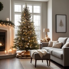 Elegant Christmas Tree by Window in Modern Cozy Living Room