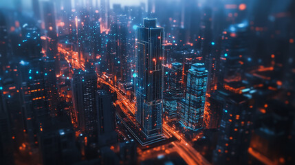 Obraz premium Smart digital Innovation city Business skyscrapers in the Financial District with connection network reciprocity over the cityscape. of future smart wireless digital city and social media networking