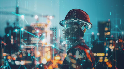 A Construction Worker Analyzes Project Data With Augmented Reality Glasses While Overseeing Urban Development at Dusk, Blending Technology and Construction in a Modern Workspace