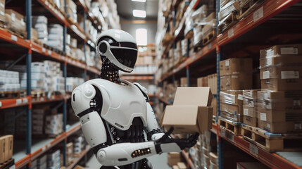 A Robotic Assistant in a Warehouse Systemically Organizes Packages While Working Among Shelves Filled With Inventory During Daylight Hours