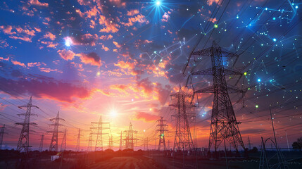 A Vibrant Sunset Over a Power Line Landscape With Clouds and Stars, Showcasing the Energy Infrastructure at Dusk, Highlighting the Blend of Nature and Technology
