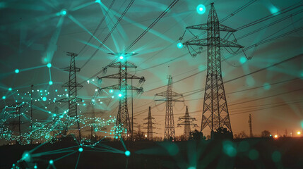 Power Lines Illuminate the Twilight Sky at a Transmission Station With Digital Network Connections Represented in Glowing Green